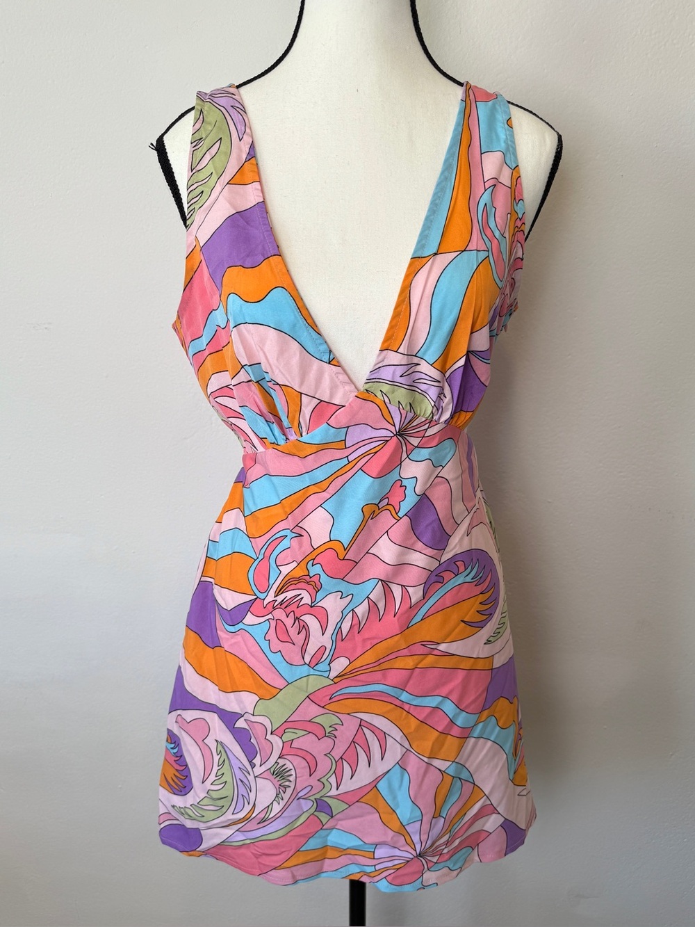 Princess Polly Nellie Mini Dress Size 8 Pink Multi Plunge V Neck